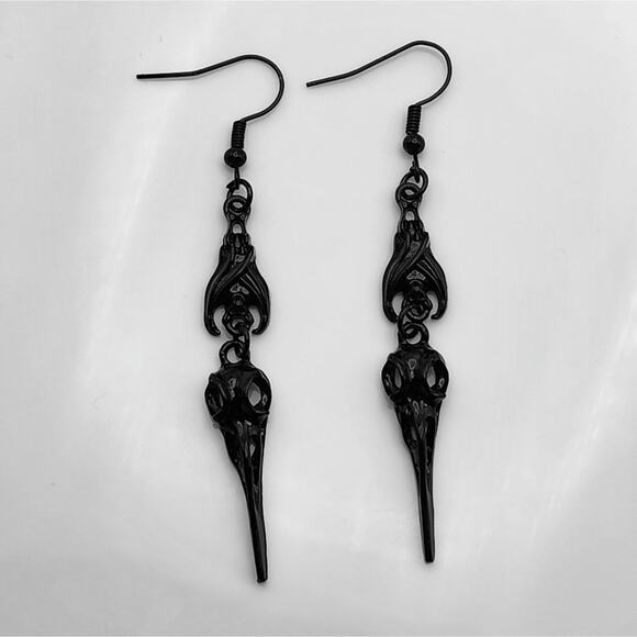 Black Bird Skull Earrings - Picture 1 of 5